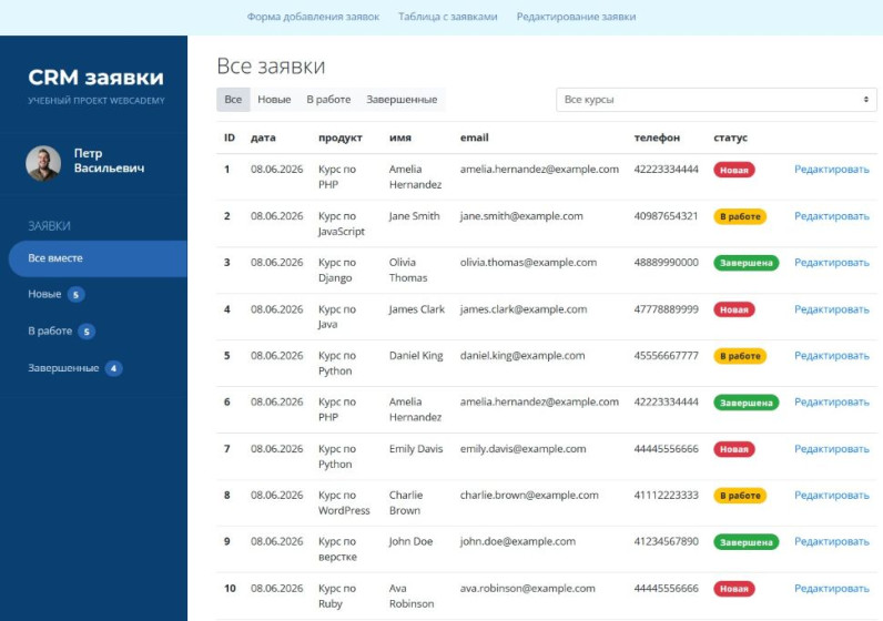 CRM заявки на JS MVC